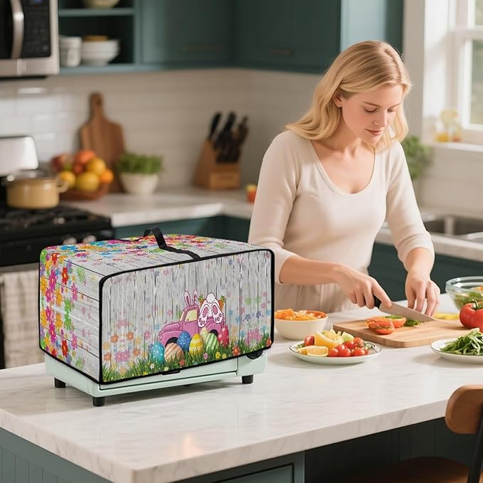 Toaster Oven Air Fryer Cover Bunny Easter Egg Printed Bread Maker Covers with Accessory Pockets Kitchen Small Appliance Protector Washable Machine Easter Decor M