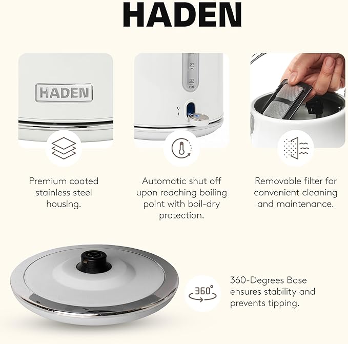 HADEN Coffee Machine 12 Cup Drip Coffee Maker Bundled with Heritage 1.7 Liter Stainless Steel Electric Kettle Ivory &amp Chrome