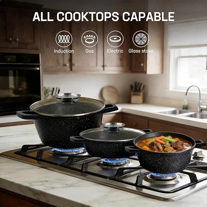16PCS Cookware Set Nonstick Pots and Pans Sets Kitchen Cooking Set Gasserole with Lid Utensils Dishwasher Safe PTFE/PFOA Free Black
