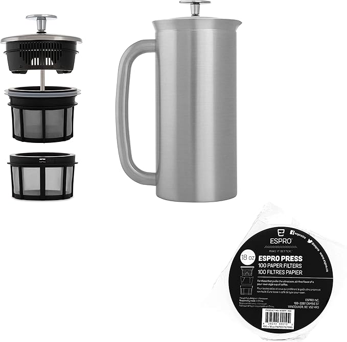 ESPRO - P7 French Press - Double Walled Stainless Steel Insulated Coffee and Tea Maker with Micro-Filter - Keep Drinks Hotter for Longer (Brushed Stainless Steel 18 Oz) + ESPRO Coffee Paper Filters (