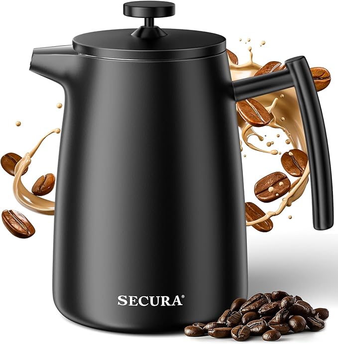 Secura 50oz French Press Coffee Maker – 304 Stainless Steel Insulated Coffee Press with Extra Filter Black