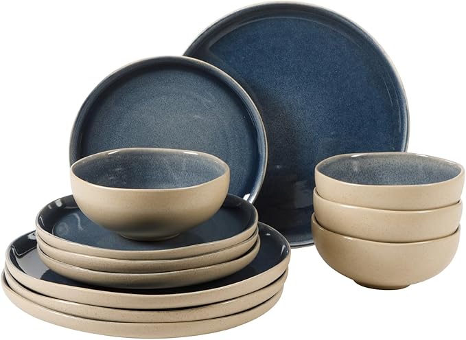 Gibson Elite Manila Bay 12-Piece Stoneware Dinnerware Set Service for 4 Reactive Glaze Modern Artisan Plates Bowls &amp Mugs Blue Round Design
