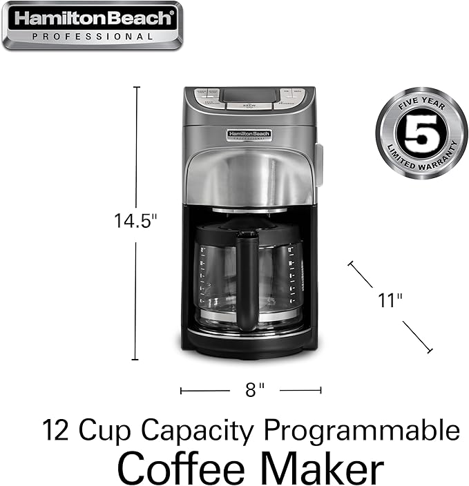 Hamilton Beach Professional Programmable Drip Coffee Maker 12 Cup Capacity Ergonomic Carafe 60oz Removable Reservoir120 volts Brushed Metal (49500)