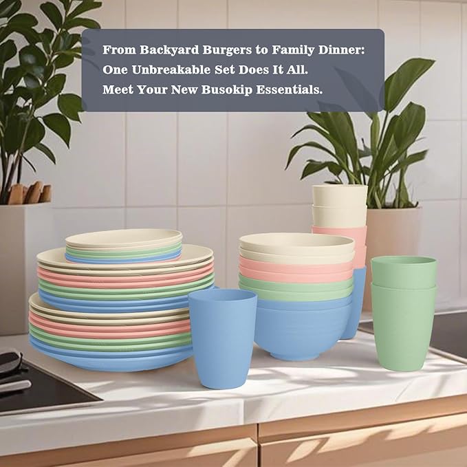 40 PCS Wheat Straw Dinnerware Sets | Service for 8 Unbreakable Plates and Bowls Sets - Dinner Plate Cereal Bowl Drinking Cups Dishwasher &amp Microwave Safe for Kitchen CampingRV - Colorful