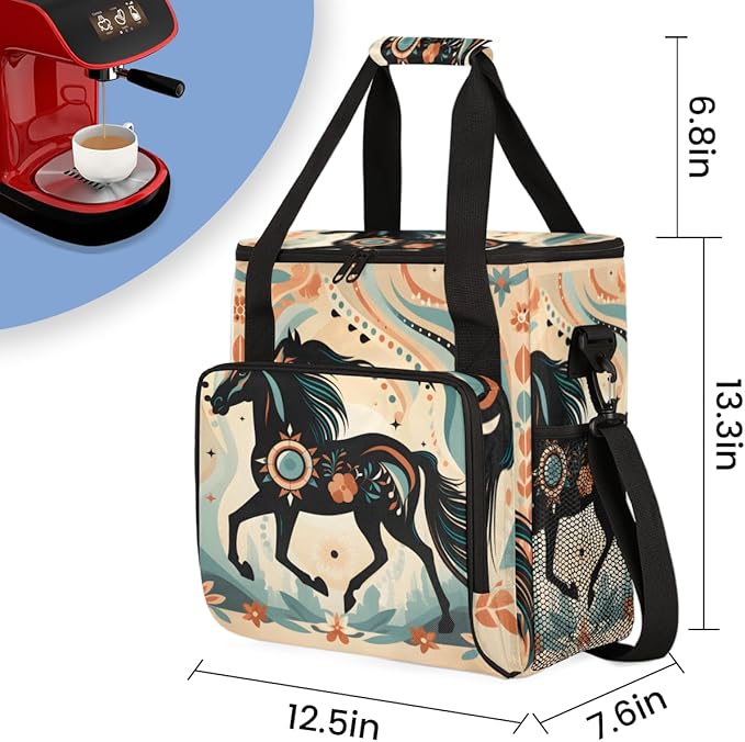 Abstract Horse Coffee Maker Carrying Bag Boho Horse Travel Storage Bag Compatible with K-Mini or K-Mini Plus Single Serve Coffee Brewer Carrying Case with Multiple Pockets &amp Shoulder Strap