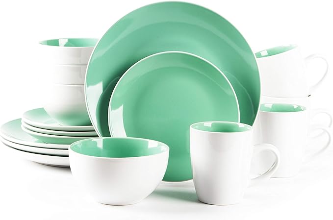 Stoneware Coupe Shape 16pc Dinnerware Set Outside White + Inside Teal