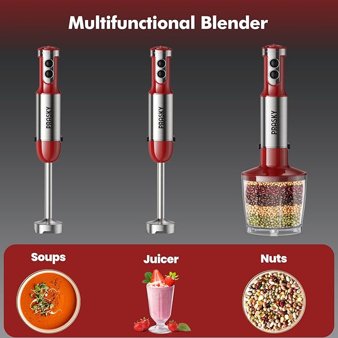 Immersion Blender Handheld Hand Blenders 20 Speed &amp Turbo Mode Hand Held Blender Heaviest Duty Copper Motor Stainless Steel Blades Milk Frother Wand Whisk 600ml Beaker 500ml Chopper (Red)