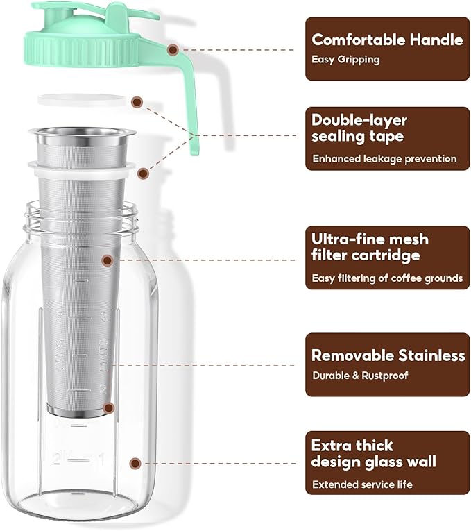 Cold Brew Coffee Maker Jar - 2 Pack 64 oz Glass Cold Brew Maker with Handle Stainless Steel Filter &amp Leak-Proof Lid Heavy Duty Cold Brew Pitcher for Iced Coffee Sun Tea and Milk