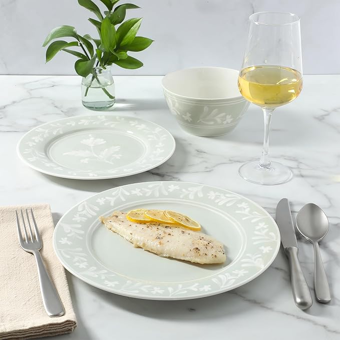 Martha Stewart Maiden Crown 12-Piece Sage Green Dinnerware Set – New Bone China Ceramic Plates &amp Bowls – Floral Design – Service for 4 – Microwave &amp Dishwasher Safe