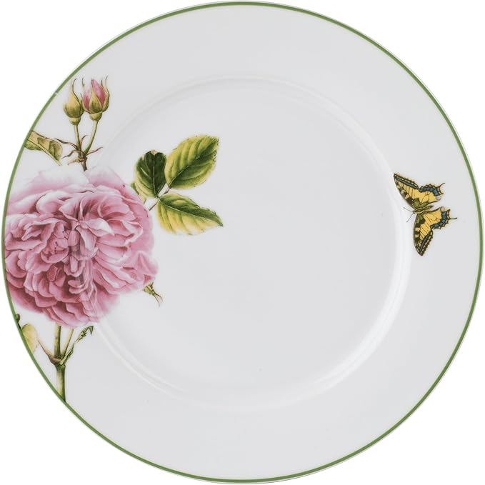 Portmeirion Home Roses 16 Piece Set - Delicate Pink Rose &amp Butterfly Pattern Dishwasher Safe Porcelain Dinnerware for Garden Parties Bridal Showers Tea Time &amp Family Gatherings - 10.5 Plat