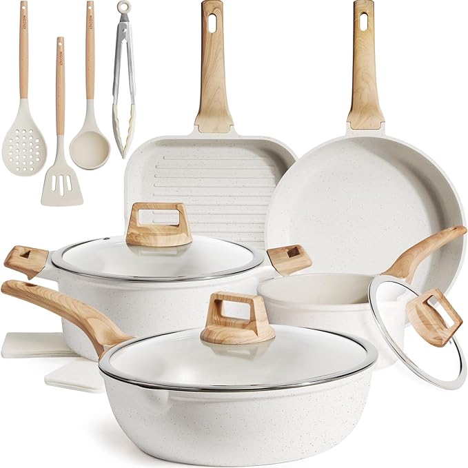 Kikcoin 16Pcs Pots and Pans Set Nonstick Ceramic Cookware Sets Induction Kitchen Cooking Set Non toxic Healthy Non Stick w/Grill PanSaute Pan Ceramic White