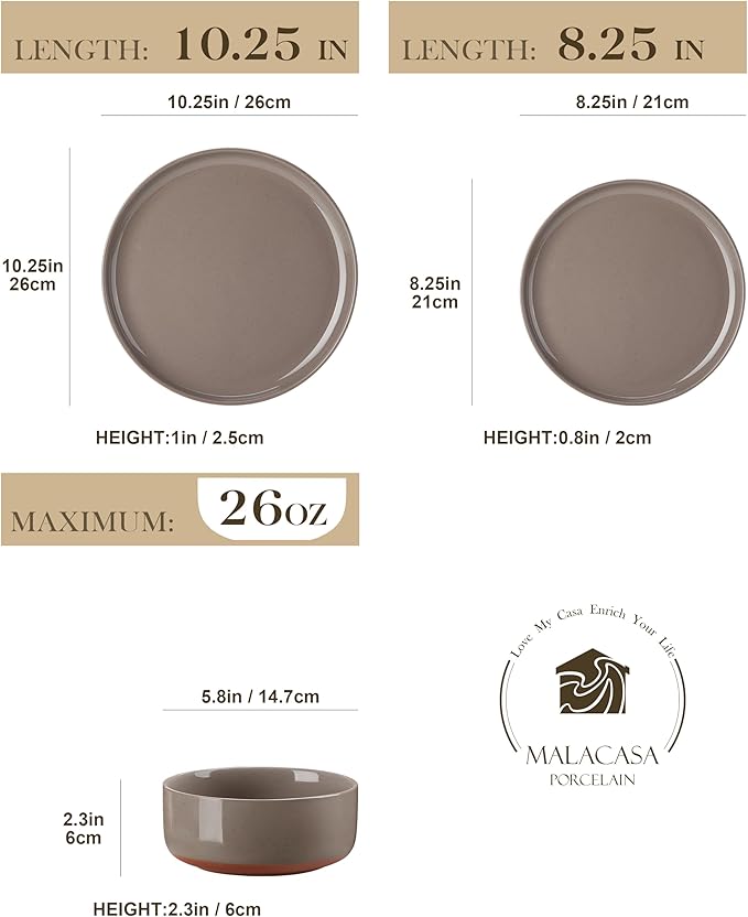 MALACASA Plates and Bowls Sets 24 Pieces Modern Ceramic Dinnerware Set for 8 Kitchen Dinner Set Stoneware Dishware Dishes Set Microwave and Dishwasher Safe Brown Series TARA