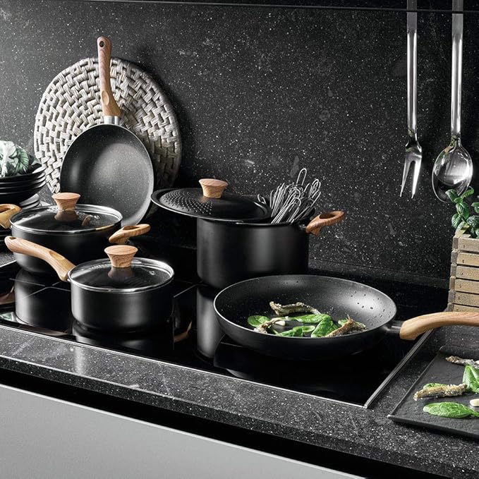 Tognana Rock In Wood Cookware Set with 2 Frying Pans 2 Saucepans 1 Pasta 2 Transparent Lids 1 Lid with Holes 8 Pieces Aluminium Black