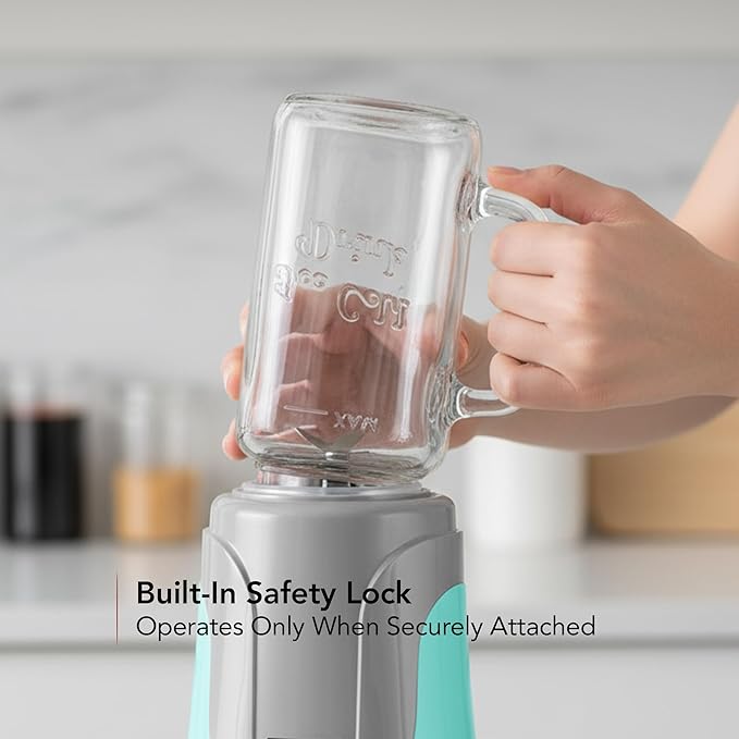 OVENTE Retro Personal Blender and Smoothie Maker with 18 Oz Mason Jar 300W Base Stainless Steel Blades BPA-Free and Dishwasher Safe Container Includes Reusable Straw and Lid Turquoise BLH1002T