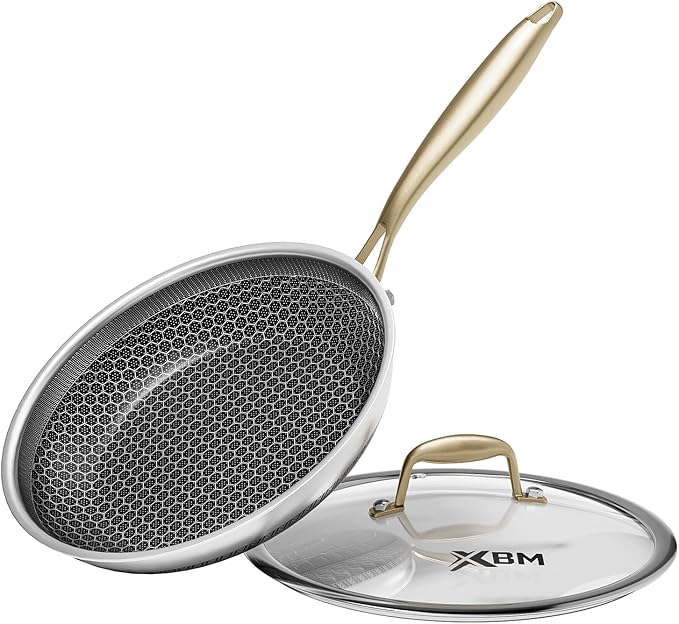 Honeycomb Stainless Steel Nonstick Frying Pan with Lid 8 Inch Induction Cooktop Compatible Skillet PFOA-Free Scratch-Proof Dishwasher &amp Oven Safe Stay-Cool Handle Gold Kitchen Cookware