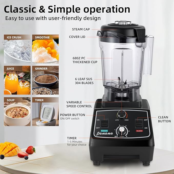 Panana Professional Countertop Blender 1400W for Shakes and Smoothies Home &amp Commercial With Timer and Speed Control 68oz BPA-Free Dishwasher Safe