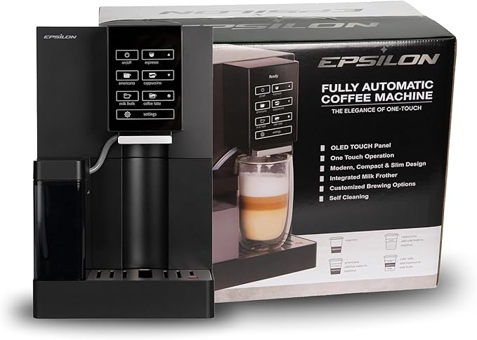 Epsilon Fully Automatic Coffee Machine with Grinder Coffee &amp Espresso Maker Combo Built-In Milk Frother One Touch Self Cleaning Super Automatic Custom Brewing Coffee Machine