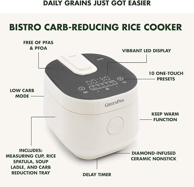GreenPan Rice Cooker 8 Cups Cooked (4 Uncooked) Low-Carb &amp Soup Mode10 ONE-TOUCH Cooking Presets PFAS-Free Ceramic Steamer Basket Fuzzy Logic Auto Keep Warm Oats 24HR Delay Timer Cream
