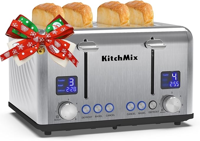 Toaster 4 Slice KitchMix Bagel Stainless Toaster with LCD Timer Extra Wide Slots Dual Screen Removal Crumb Tray (Stinless steel)