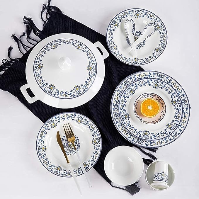 Ceramics Dinner Sets 58 Pieces Dinnerware Set Blue and White Porcelain Style Bowl/Spoon/Plate - Family Party and Kitchen Restaurant