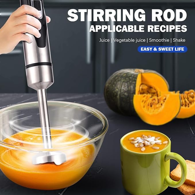 Powerful Hand Blender Handheld Immersion Blender Kit with Immersion Chopper Beaker and Whisk Precise Speed Control and 304 Stainless Steel Bar for Making Purees Soups Smoothies
