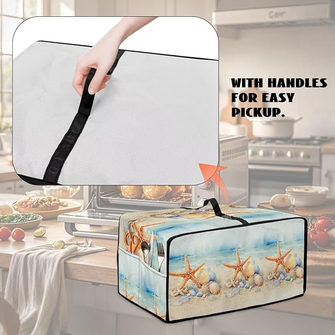 Toaster Oven Cover Heavy Duty Heat-resistant Protective Case Faux Linen Polyester Protector with Handle &amp Pockets for Home Kitchens Beach Starfish