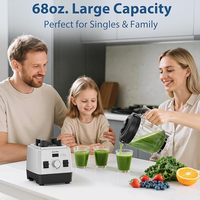 Aeitto Blenders for Kitchen with 68Oz. Large Capacity 1800W Max Power Smoothie Blender 3 Preset Programs &amp 7 Speeds Professional Countertop Blender for Smoothies Ice Crush Generation2 Silver