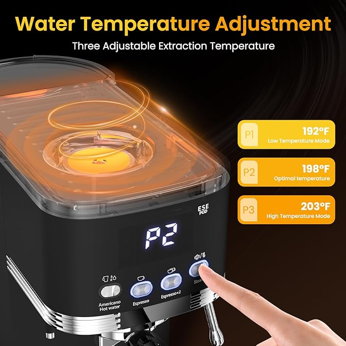 Espresso Machine 20 Bar Temperature Time LED Display Espresso Maker with Adjustable Extraction Temperature Stainless Steel Coffee Machine with Powerful Steam Wand for Cappuccino LatteBlack