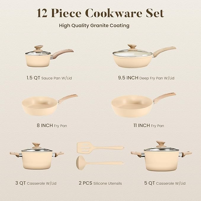 12-Piece Nonstick Granite Coated Cookware Set with Lids - Durable Kitchen Pots &amp Pans Set for Effortless Cooking