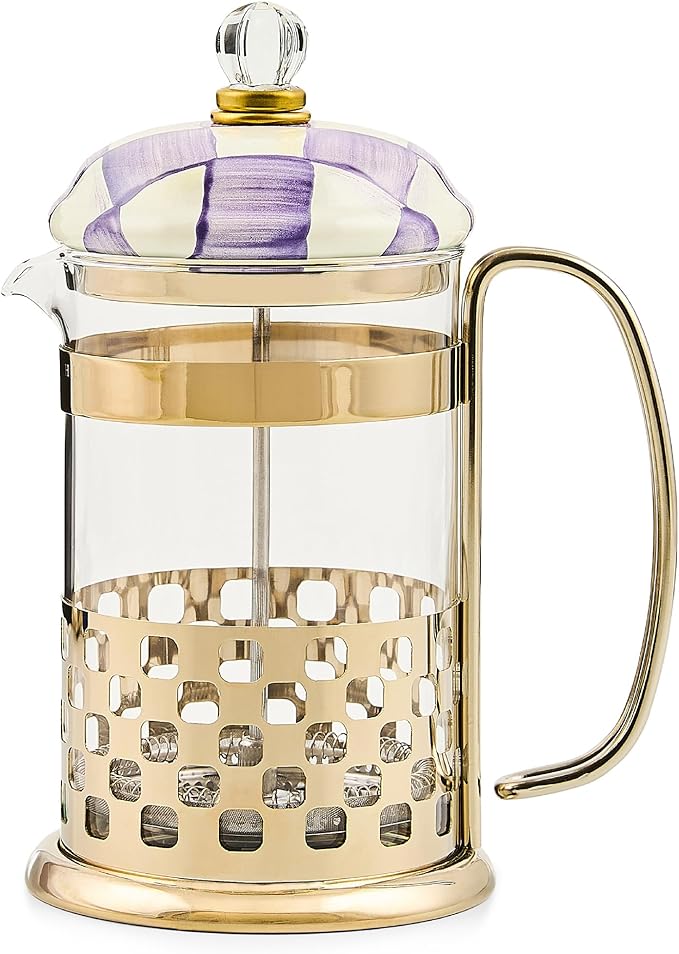 MACKENZIE-CHILDS Coffee French Press Glass French-Press Coffee Maker 32-Ounce Capacity Purple-and-White Violet Check