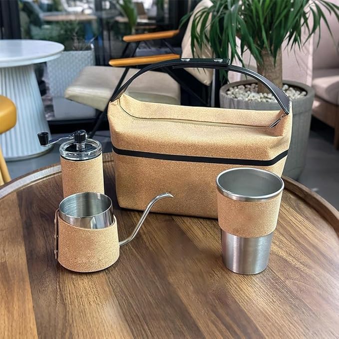 Pour Over Coffee Maker Set for Outdoor Camping Travel ALL in 1 Portable Stainless Steel Coffee Kits with Manual Coffee Grinder Gooseneck Kettle Cup Bean Pot