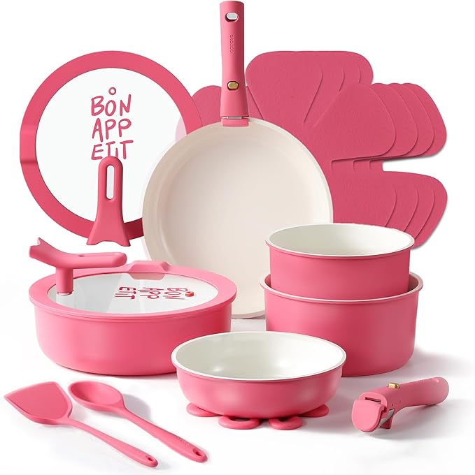 CAROTE 18Pcs Ceramic Cookware Set with Detachable Handle Pots and Pans Set Non Stick Non Toxic Kitchen Cooking Sets with Stand-Up Lid PFAS and PFOA Free Oven Safe Induction Ready Pink