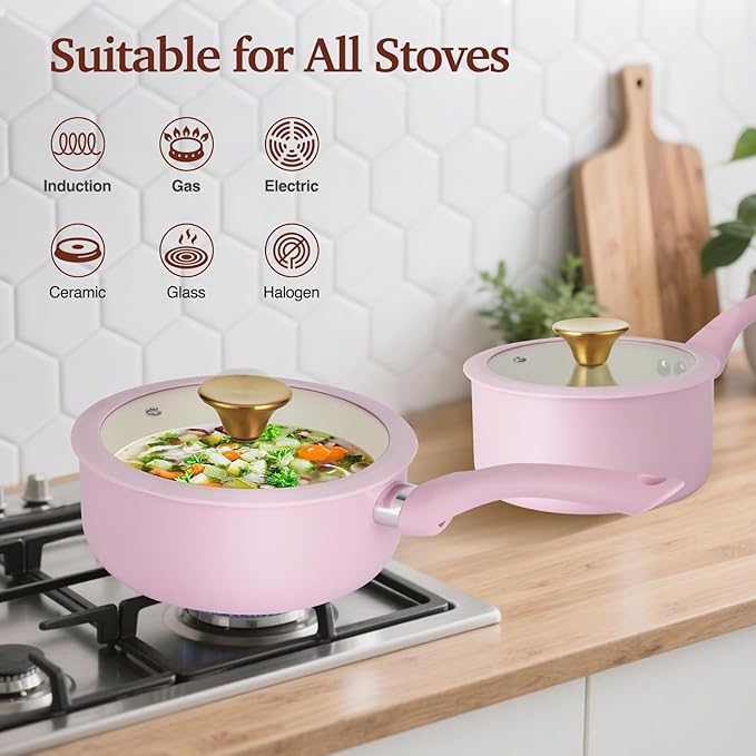 Pots and Pans Set Non Stick Pink Ceramic Cookware Set 11-Piece Induction Cookware Non Toxic Healthy Kitchen Cooking Set Gold Knobs Lids Stay-Cool Handles