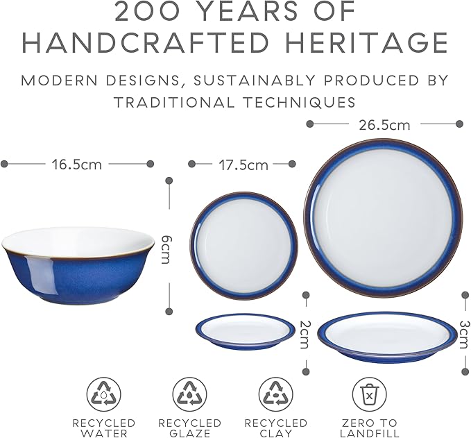 Denby - Imperial Blue Dinner Set for 4-12 Piece Ceramic Tableware Set Blue White - Dishwasher Microwave Safe Crockery Set - 4 x Dinner Plate 4 x Small Plate 4 x Cereal Bowl