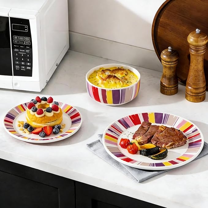 12-Piece Colorful Ceramic Dinnerware Set Durable Glazed Microwave &amp Dishwasher Safe Household Daily Use Plate Bowl Set Ideal for Breakfast Dinner Various Occasions
