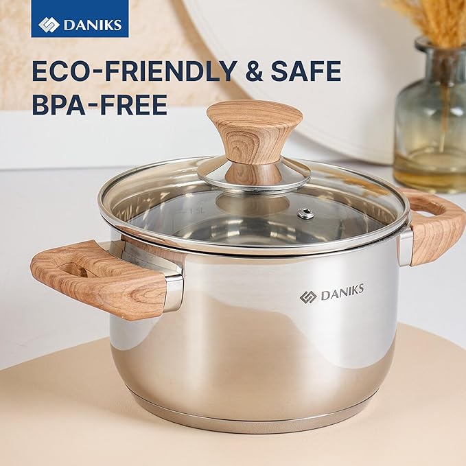 Daniks Oslo 6-Piece Stainless Steel Cookware Set with Glass Lids Tri-Ply Bases for Even Heating Induction Compatible Dishwasher Safe Bakelite Handles