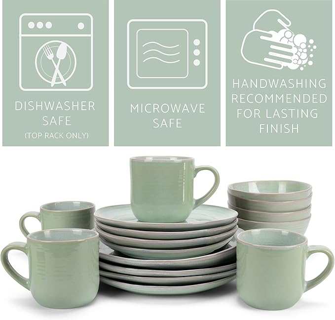 Elanze Designs Reactive Glaze Farmhouse Rustic Boho Ceramic Stoneware Dinnerware 16 Piece Plate Bowl Mug Dish Set - Service for 4 Seafoam Mint Green
