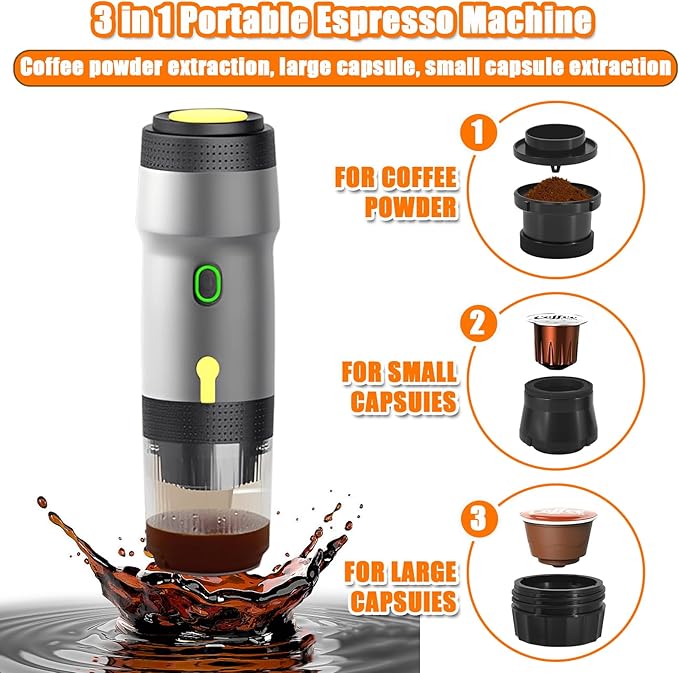 Portable Espresso Machine 3-in-1 Self-Heating Portable Coffee Maker for Travel with Rechargeable Battery Cordless Electric Mini Espresso Maker for RV Hiking Camping Office (Silver)