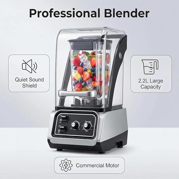 Commercial Quiet Blender 2200W Soundproof Smoothie Machine with Timer Heavy Duty Countertop Ice Crushing Blender 80oz Pitcher 15-Speed Control for Bar &amp Café