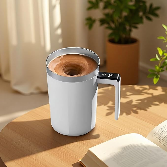 Rechargeable Self-Stirring Electric Mug Stainless Steel Coffee Cup with LCD Temperature Gauge Type-C Charger White Ideal for Hot Drinks