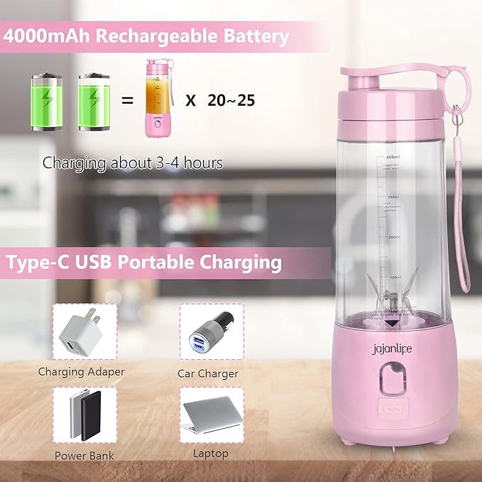 Portable Blender Personal Size Blender for Shakes and Smoothies 4000mAh Rechargeable Mini Travel Blender with 3D Six Blades 13.5Oz Fruit Mixer Cup for Home Sports Outdoor (Pink)