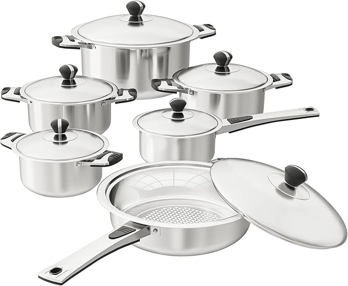Stainless Steel Cookware Set 12-Piece Nonstick Stainless Steel Pan Set D5-Ply Base for Even Heating Dishwasher Safe Vented Glass Lids Heavy-Duty Especially for Home &amp Beginner Cooking