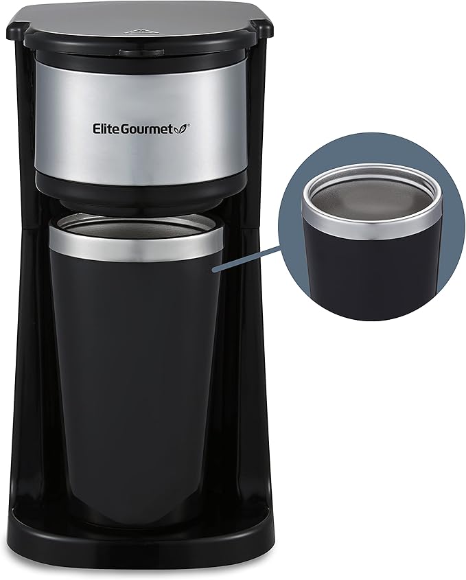 Elite Gourmet EHC112 Personal Single-Serve Compact Coffee Maker Brewer Includes 14Oz. Thermal Travel Mug with Stainless Steel Interior Compatible with Coffee Grounds Reusable Filter Black
