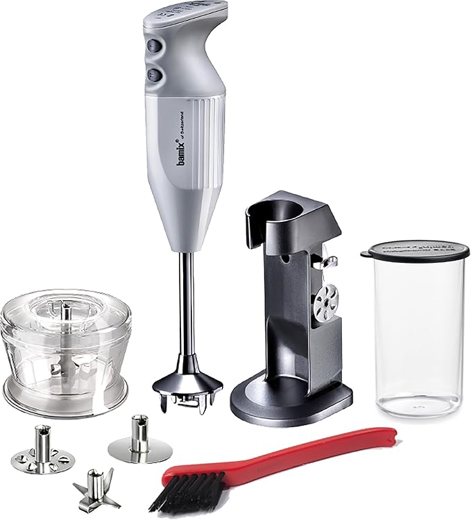 bamix® of Switzerland M200 Chef’s Favorite Stick Blender/Immersion Blender White. Includes 3 Interchangeable Stainless Steel Blades:Multipurpose Beater Whisk and Accessories Set.