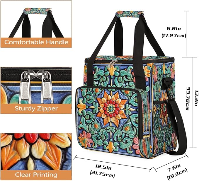 Ceramic Glass Flowers Coffee Maker Carring Bag Travel Carrying Storage Tote Bag Compatible with Keurig K-Mini or K-Mini Plus Portable Single Serve Coffee Brewer Case with Pockets for K-cup Pods