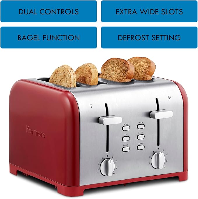 Kenmore toaster 4 slice - extra wide slot countertop kitchen appliance defrost function tostador de pan 9 shade settings compact design easy clean crumb tray bread bagel stainless steel &amp R
