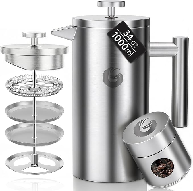 Coffee Gator 304 Grade Stainless Steel French Press Coffee Maker 34 oz Double Wall Insulated Teapot with 4-Level Filtration System Include Travel Jar Canister Rust-Free Dishwasher Safe Silver