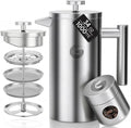 Coffee Gator 304 Grade Stainless Steel French Press Coffee Maker 34 oz Double Wall Insulated Teapot with 4-Level Filtration System Include Travel Jar Canister Rust-Free Dishwasher Safe Silver