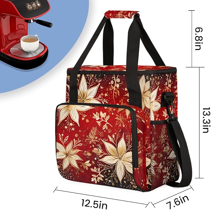 Holly Berry Flowers Coffee Maker Carrying Bag Cartoon Flowers Travel Storage Bag Compatible with K-Mini or K-Mini Plus Single Serve Coffee Brewer Carrying Case with Multiple Pockets &amp Shoulder S