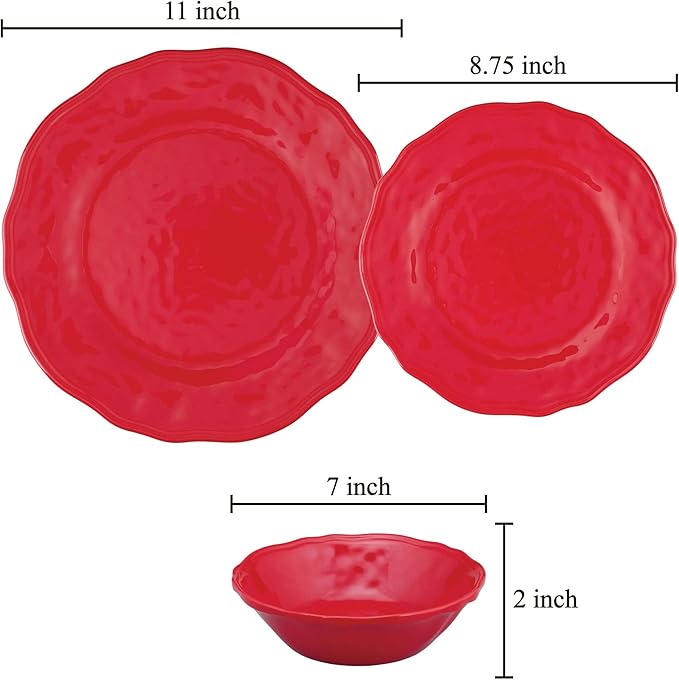 UPware 12 Piece Holiday Red Melamine Dinnerware Sets Outdoor Dishes Set Plates and Bowls Sets Christmas Decorations Service for 4 Red